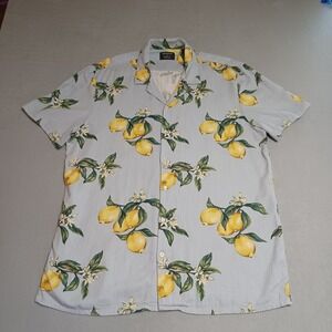 Primark Mens XL Regular Fit Short Sleeve Button Up Shirt Blue Lemon Tropical